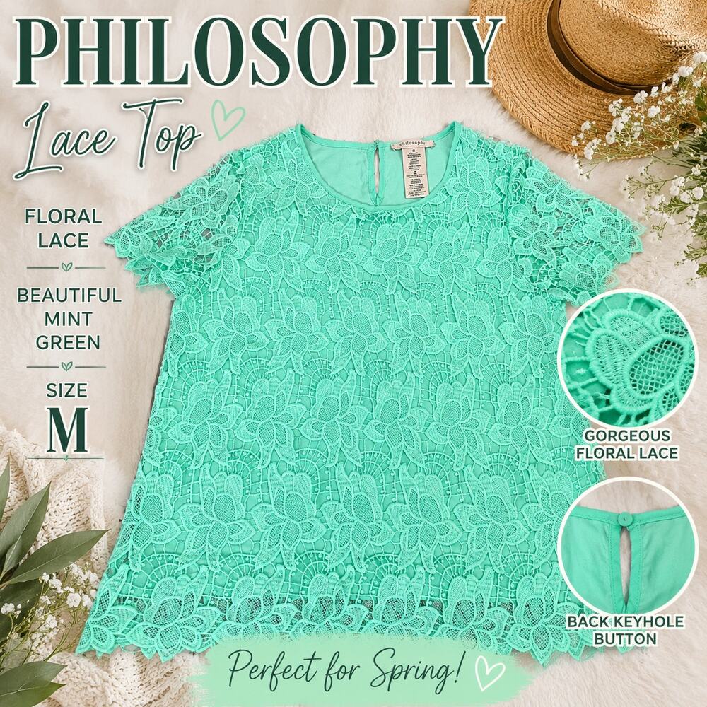 Philosophy Mint Green Floral Lace Top Medium Crochet Boho Blouse